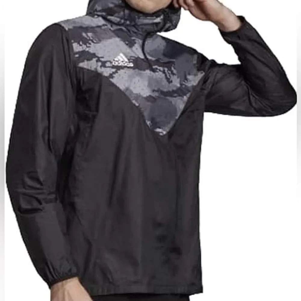 Adidas Black Pullover Camo Hooded Soccer Windbreaker with Longer Back Flap-Small